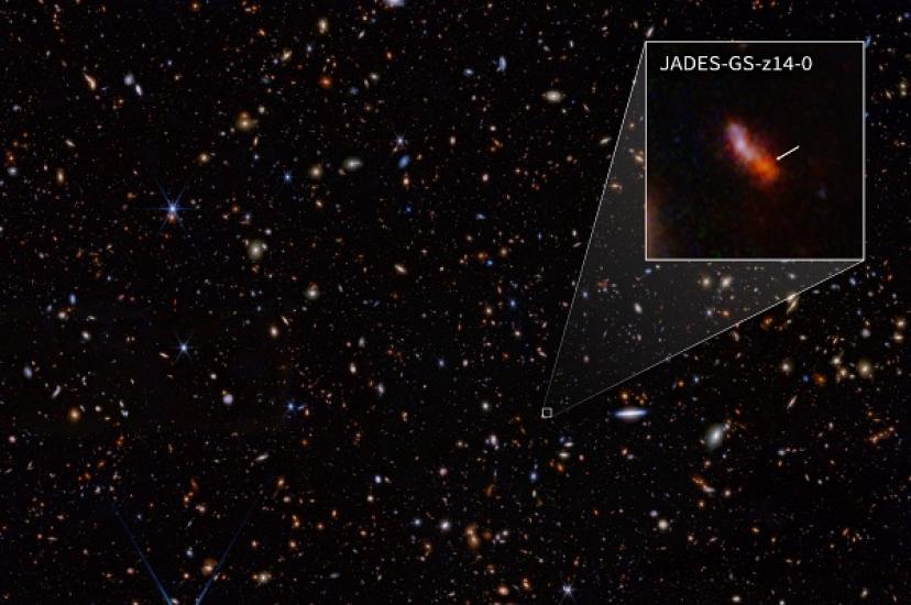 Image from the near-infrared camera (NIRCam) aboard the James Webb Space Telescope (JWST) of JADES-GS-z14-0, the earliest known galaxy