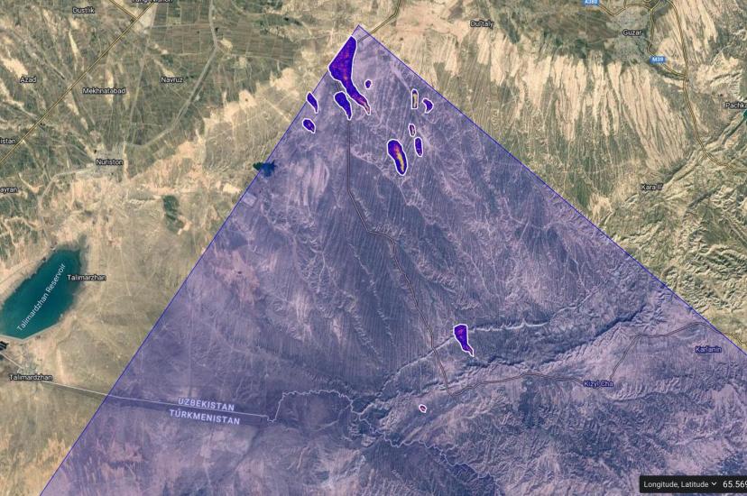 A cluster of methane plumes detected by NASA's Earth Surface Mineral Dust Source Investigation (EMIT) in 2022 in a region approximately 150 square miles in Uzbekistan. EMIT captured in an instant what might have taken 65 hours of flight time with an airborne instrument