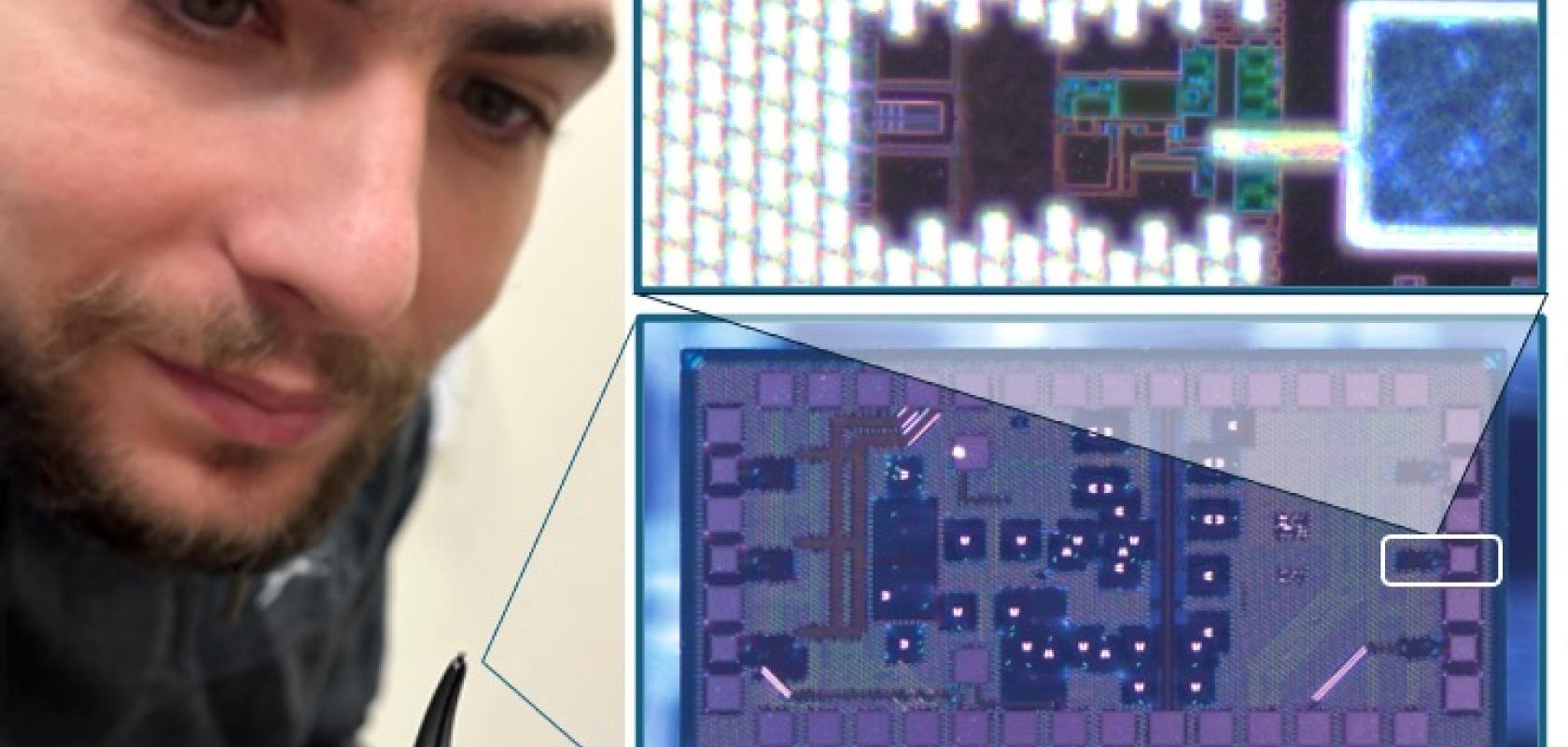 University of Bristol's Dr Giacomo Ferranti holds up a silicon electronic-photonic quantum chip