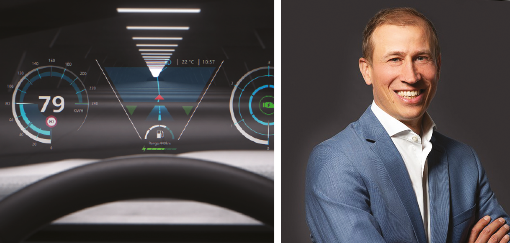 A holographic heads-up display in a car and Martin Thom, Head of Business Development at Zeiss Microoptics (Images: ZEISS Microoptics)