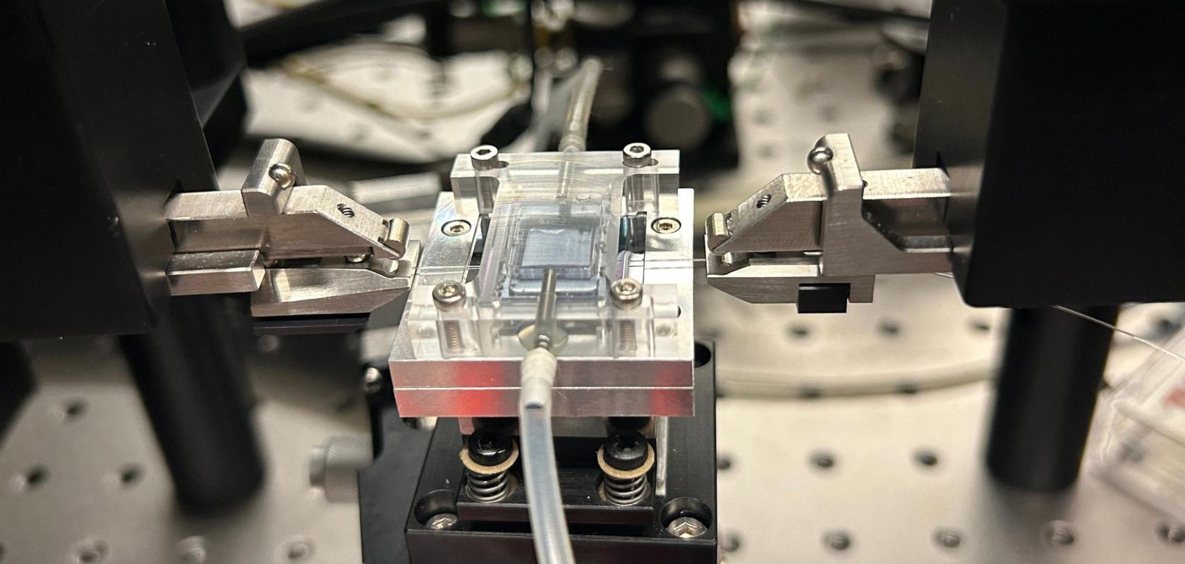 The testing setup for the photonic chip sensor included a microfluidic chamber to transport analyte solutions and optical fibres