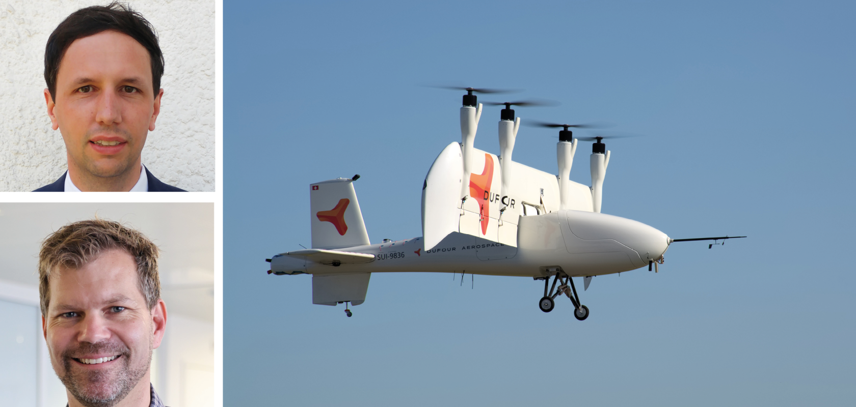 Composite picture of Sascha Hardegger, Dufour Aerospace; Michael Mayer, RiCopter UAV; a Dufour drone