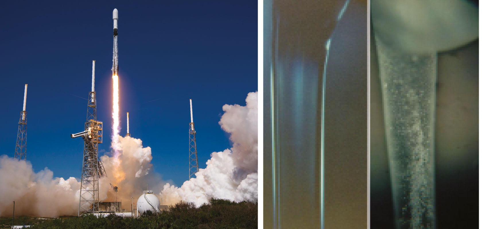 Rocket launch and close up of glass made in zero gravity