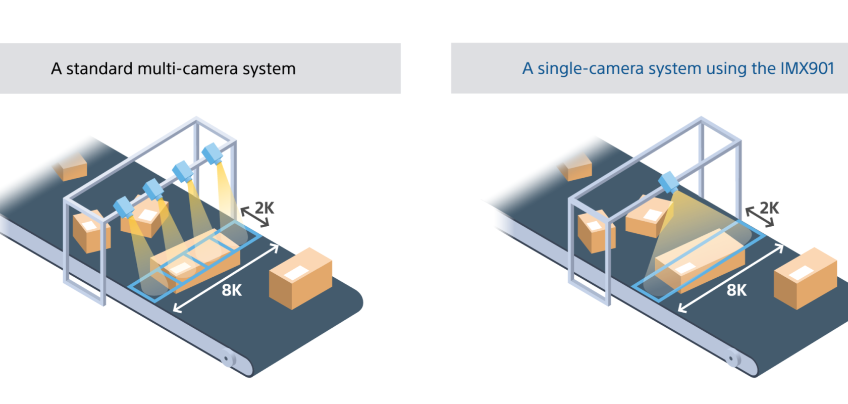 A single wide-angle camera can more effectively and efficiently cover the entire width of a conveyor belt over multiple cameras