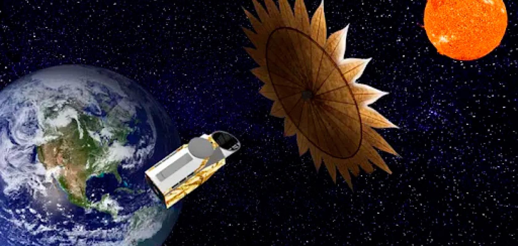 An illustration of NASA’s Habitable Worlds Observatory telescope behind its unfolded starshade