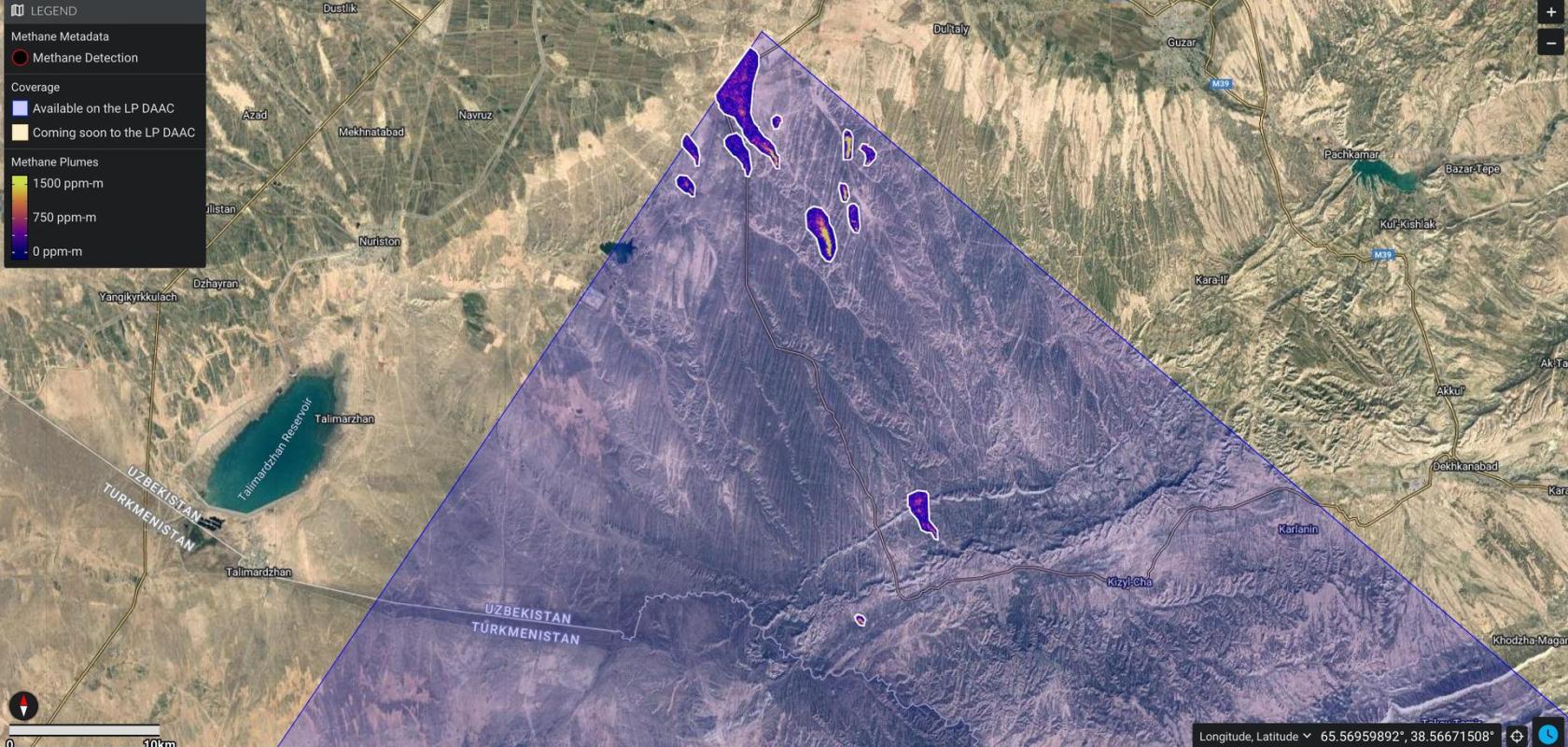 A cluster of methane plumes detected by NASA's Earth Surface Mineral Dust Source Investigation (EMIT) in 2022 in a region approximately 150 square miles in Uzbekistan. EMIT captured in an instant what might have taken 65 hours of flight time with an airborne instrument