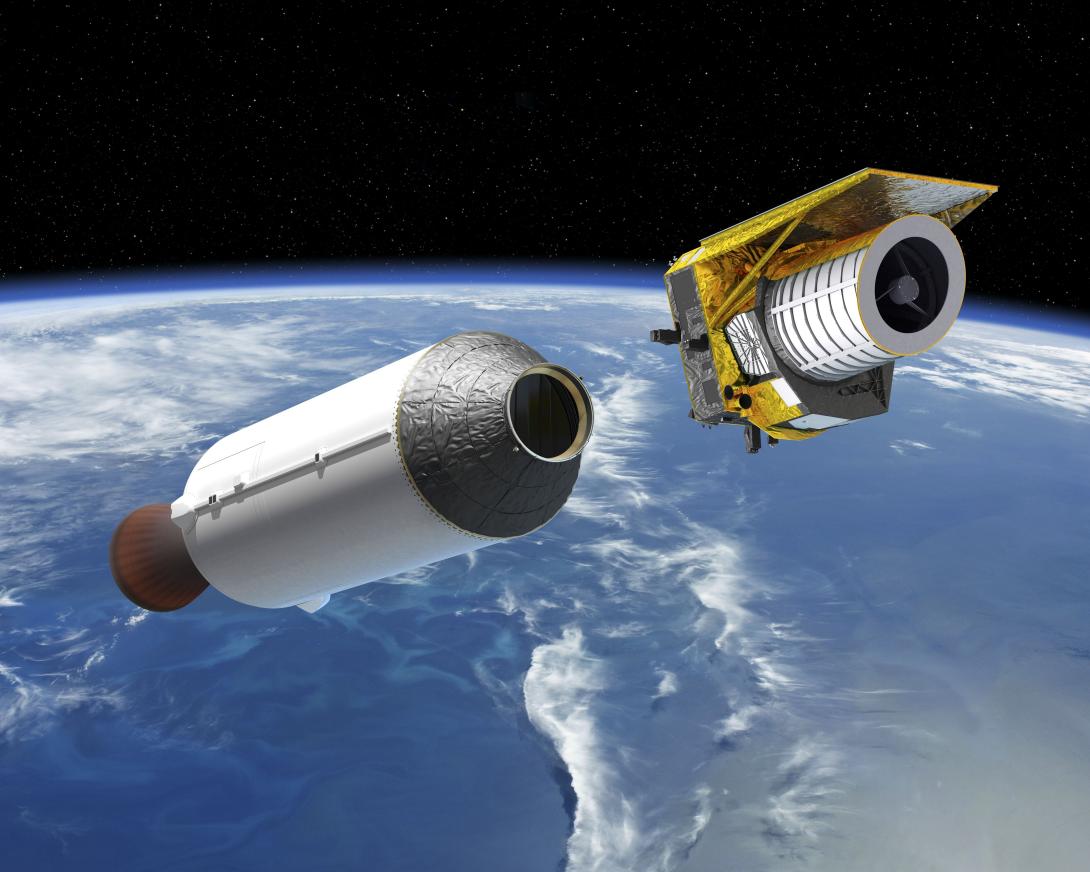 Artist's impression of the Falcon 9 launcher, carrying the 1.2-metre Euclid telescope that collects light from sources in the sky such as far-away galaxie